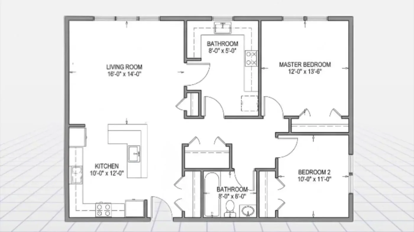 Two-bedroom 2D floor plan with labelled living room, kitchen, bedrooms and bathrooms