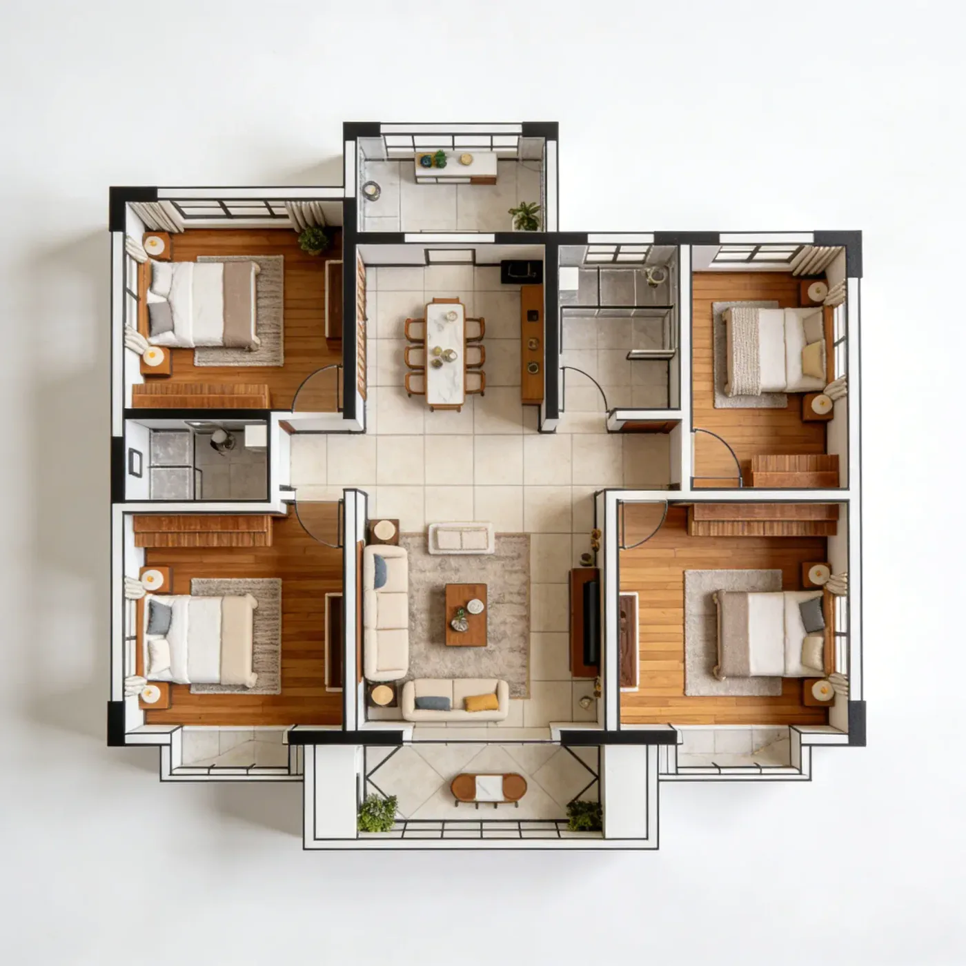 Photorealistic overhead render of a furnished home with timber floors and fabric upholstery