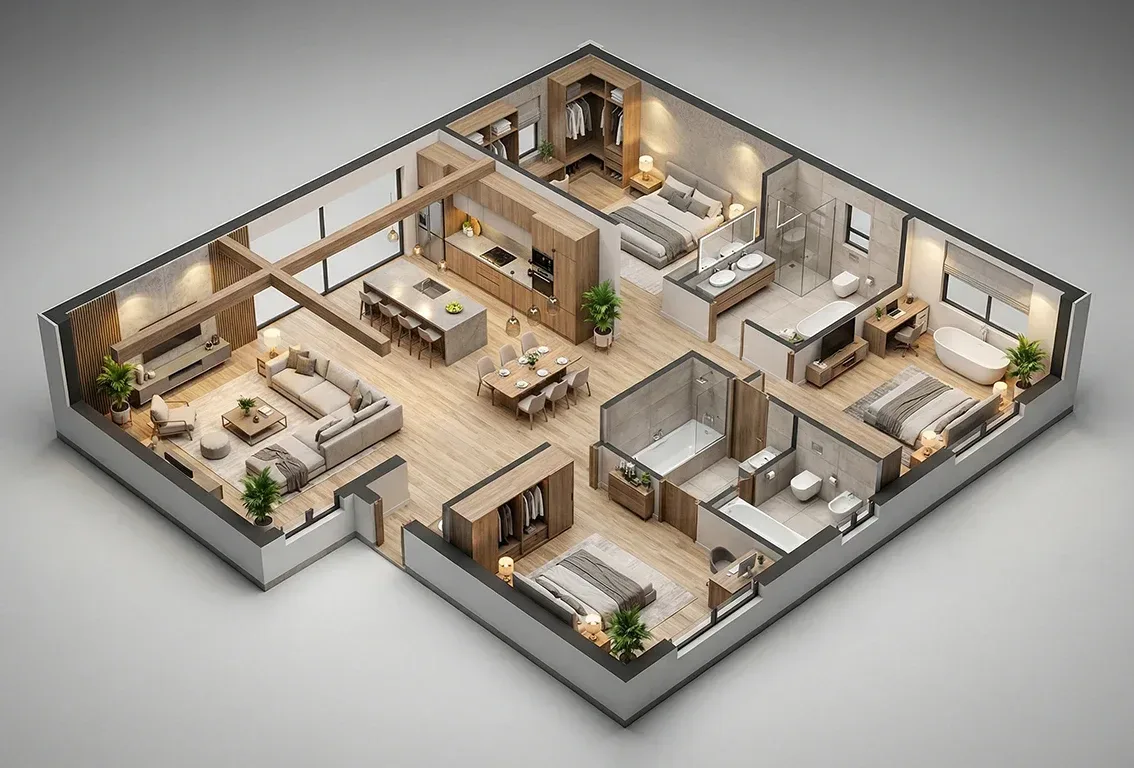 3D isometric cutaway of a furnished apartment seen from an overhead angle