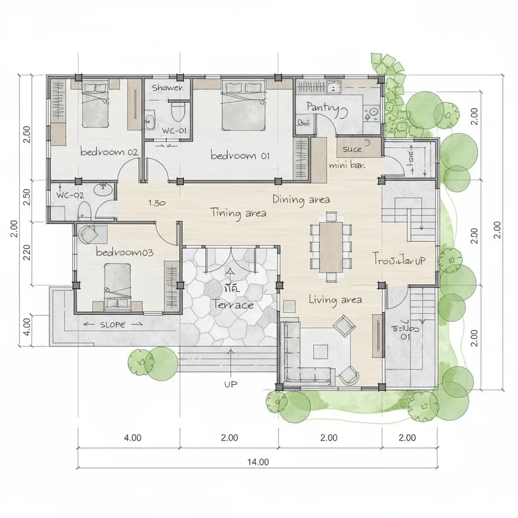 Colour-filled 2D floor plan with each room shaded a different pastel tone and furniture drawn in